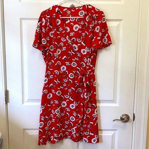 J. Crew Factory Wrap Tie Dress, Red Poppy w/Purple, Black, White, Green, Size 12